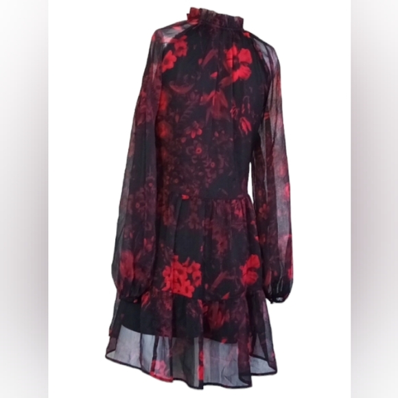 NWOT H&M Red & Black Floral Georgette / Spring Dress & Sheer Long Sleeves Size 8 - Picture 3 of 10